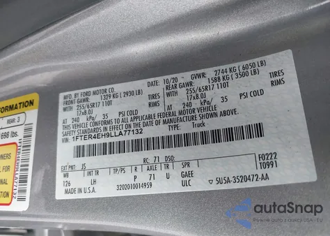 2020 Ford Ranger Xlt z USA, uszkodzony, nr VIN 1FTER4EH9LLA77132